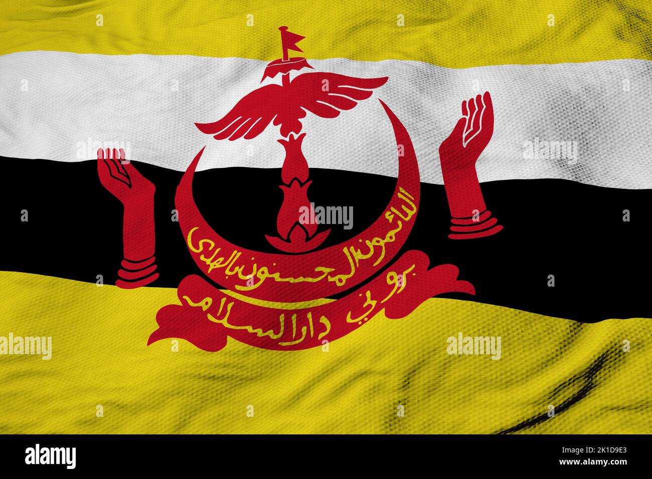 Full frame close-up on a waving Flag of Brunei in 3D rendering. Stock Photo