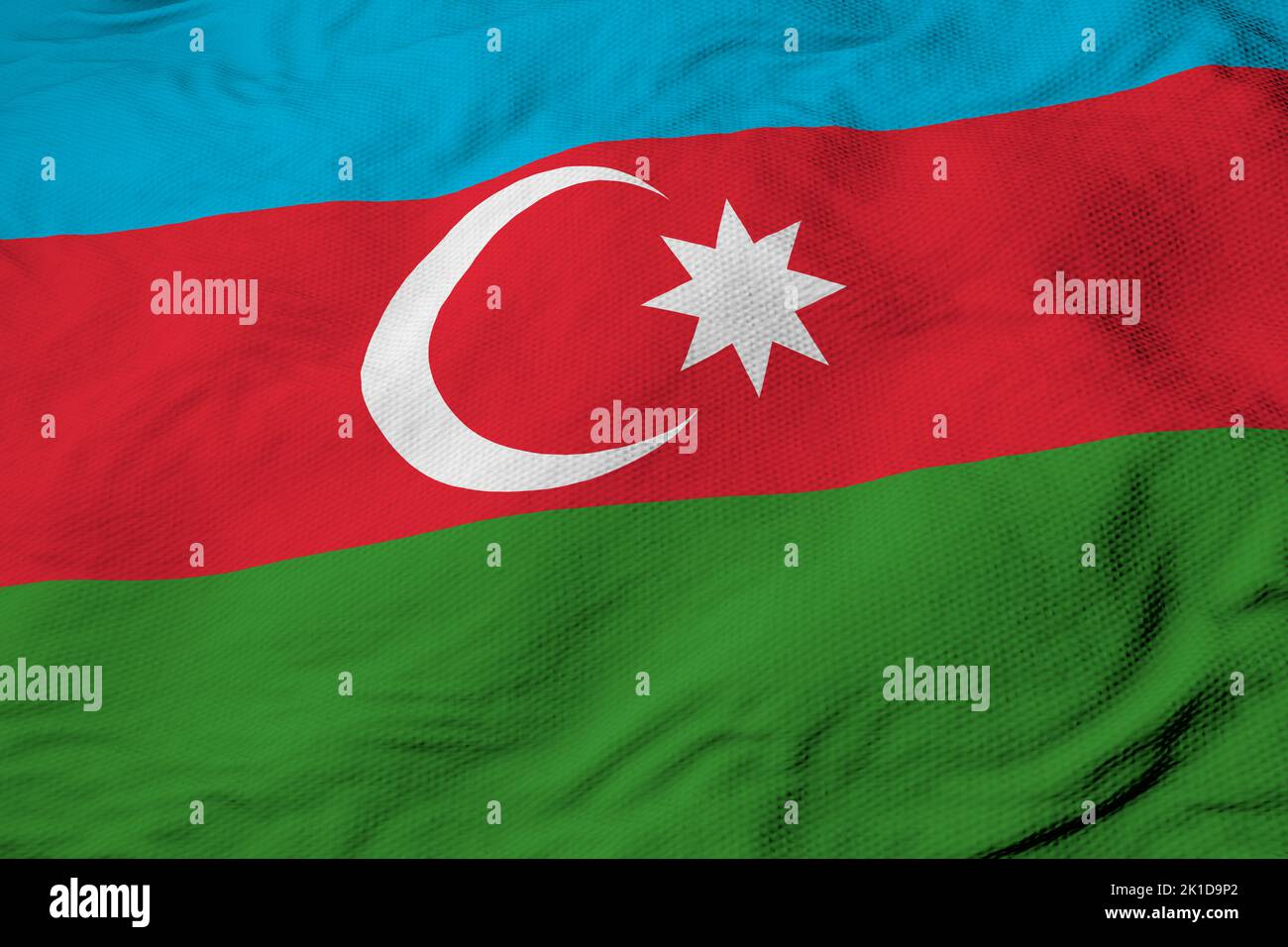 Full frame close-up on a waving Flag of Azerbaijan in 3D rendering. Stock Photo