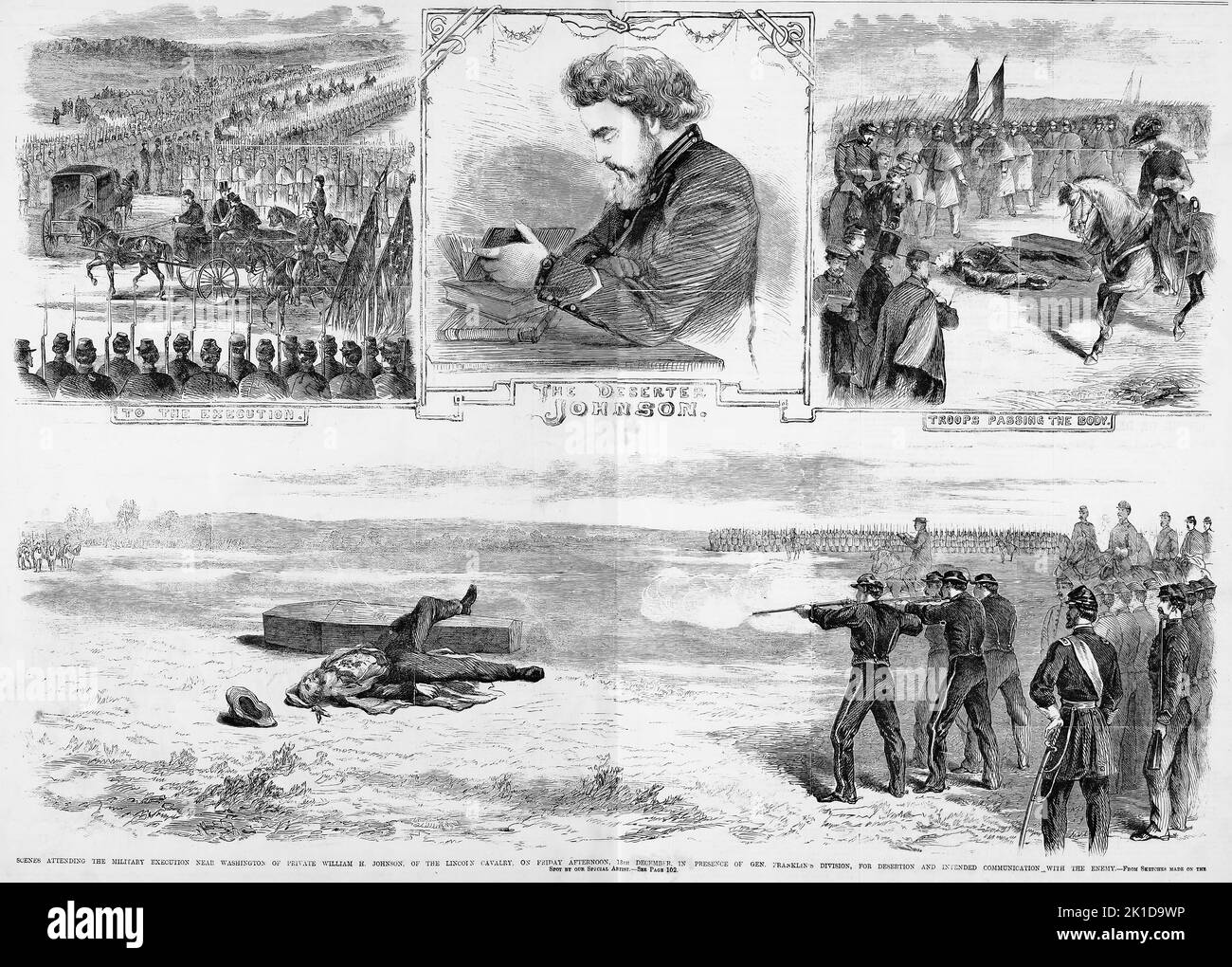 Scenes attending the military execution near Washington, D. C., of private William Henry Johnson, of the Lincoln Cavalry, on December 13th, 1861, in presence of General William Buel Franklin's division, for desertion and intended communication with the enemy. First execution of a deserter in the Army of the Potomac. 19th century American Civil War illustration from Frank Leslie's Illustrated Newspaper Stock Photo