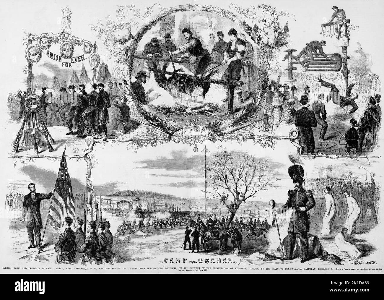 Scenes, sports and incidents in Camp Graham, near Washington, D. C., headquarters of the 23rd Pennsylvania Regiment, on the occasion of the presentation of regimental colors, by the state of Pennsylvania, December 14th, 1861. 19th century American Civil War illustration from Frank Leslie's Illustrated Newspaper Stock Photo