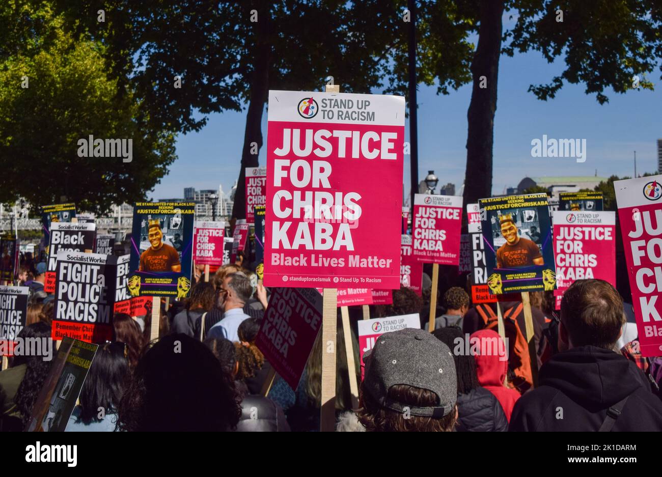 London, UK. 17th Sep, 2022. Protesters gathered outside New Scotland Yard demanding justice for Chris Kaba, who was shot and killed by police despite being unarmed. Stock Photo