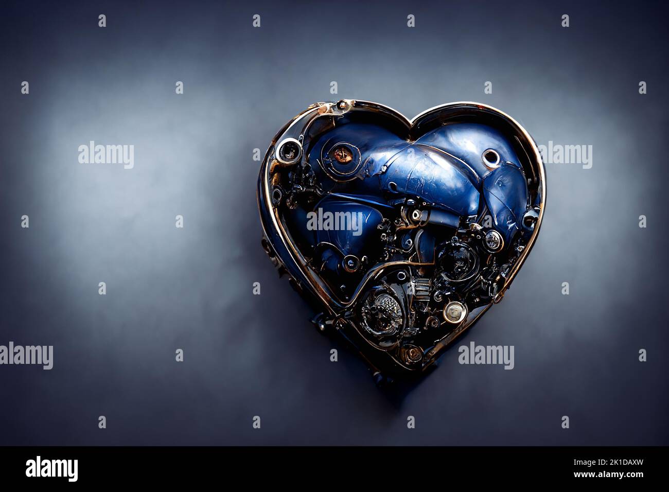 The blue metal artifact heart with the engine in its - Digital Generate Image Stock Photo