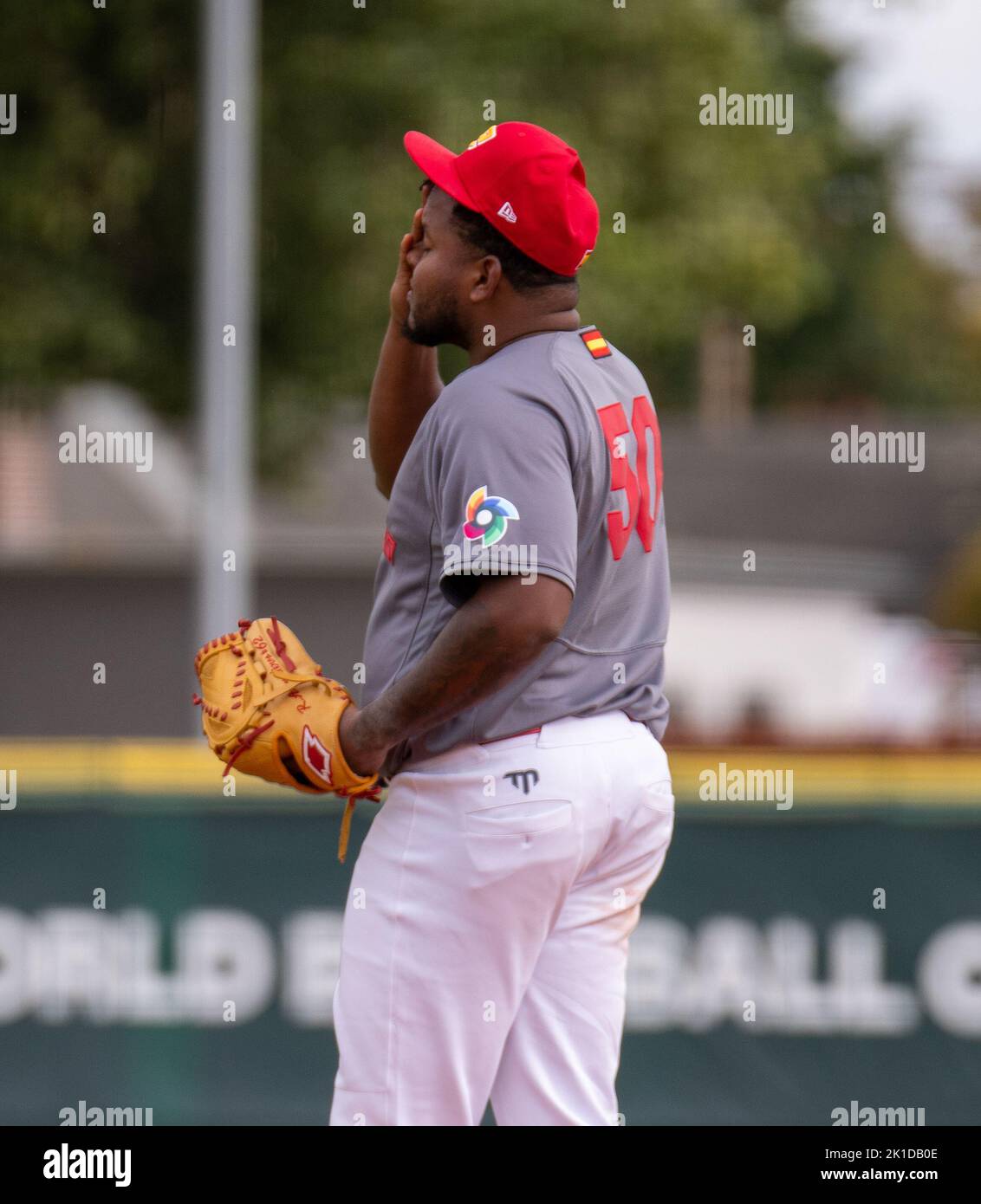 Regensburg, Bavaria, Germany. 17th Sep, 2022. Spain pitcher ROGELIO ARMENTEROS (50) wipes his face during the World Baseball Classic qualifier against Czech Republic in the Armin Wolf Baseball Arena in Regensburg, Germany. (Credit Image: © Kai Dambach/ZUMA Press Wire) Stock Photo