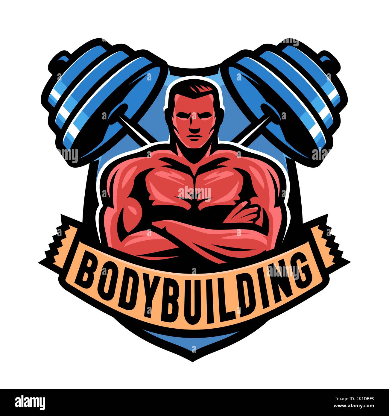 Bodybuilding emblem. Muscular strong bodybuilder and barbell. Gym logo or badge vector illustration Stock Vector