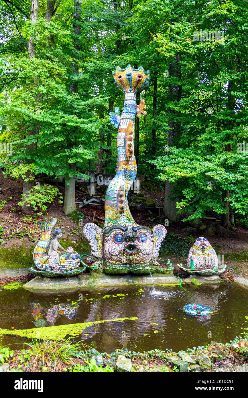 Concrete fantasy sculptures covered with mosaic in the magic forest at Bruno Weber Park, Dietikon, Switzerland Stock Photo