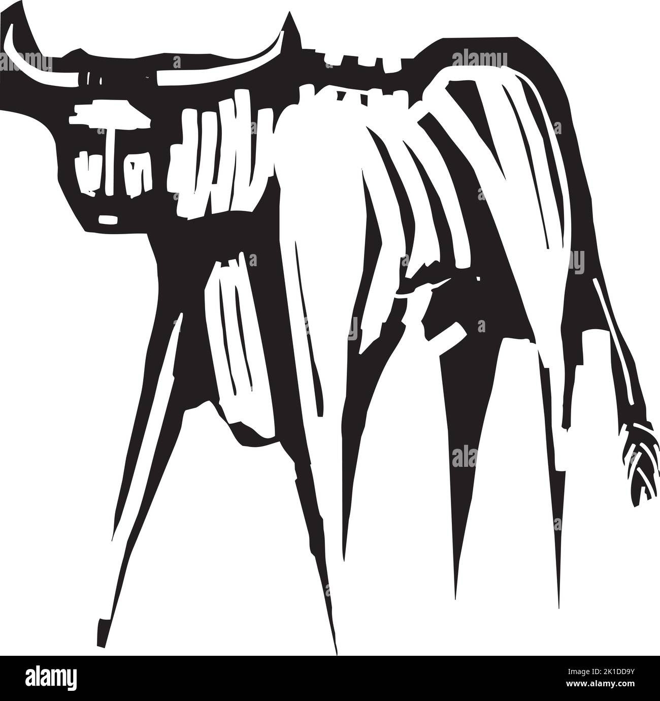Woodcut expressionistic minotaur done in black and white with the head and body reversed Stock Vector