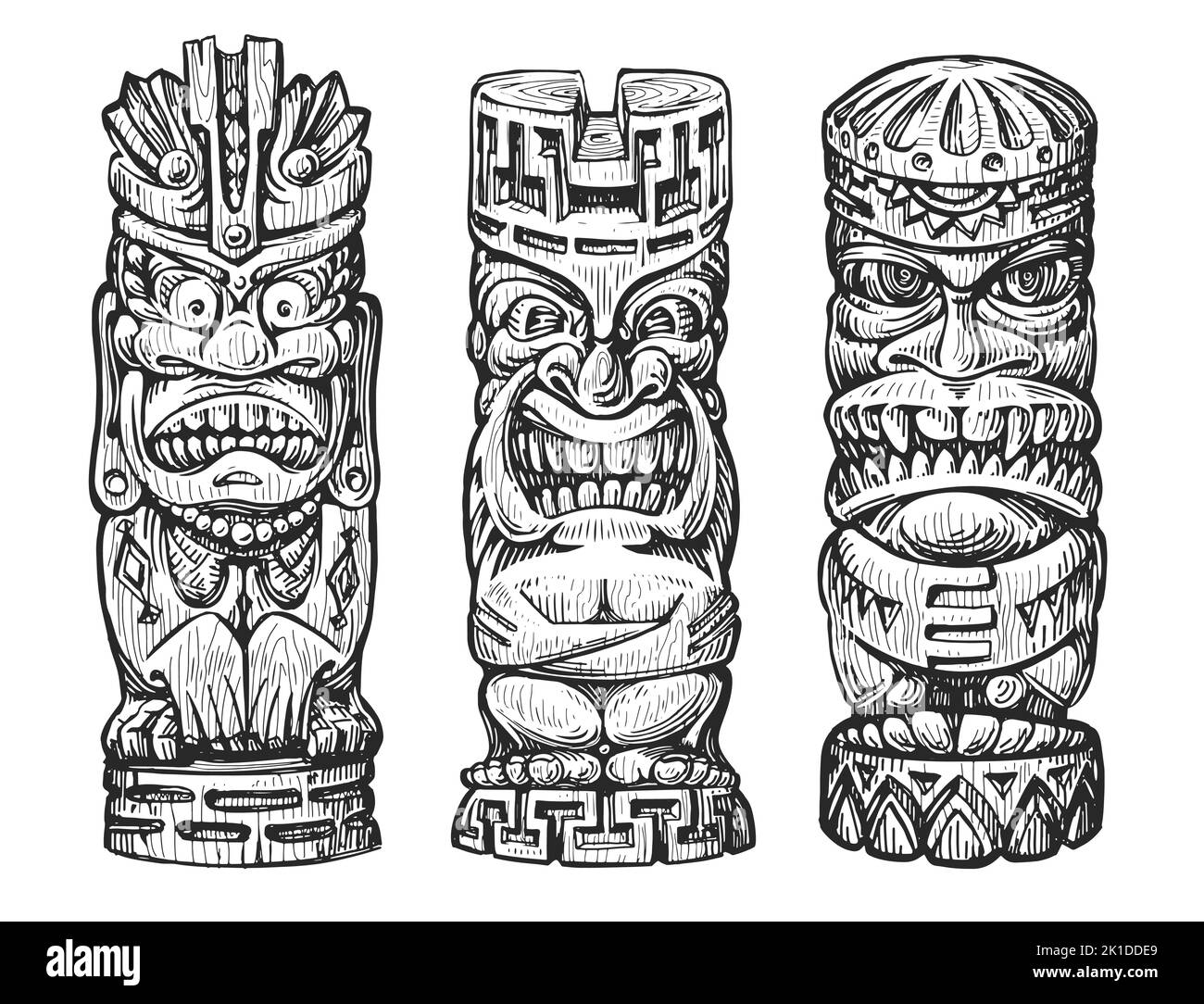 Set of tiki wooden idol masks. Design element for logo, label, sign or poster. Vector illustration Stock Vector