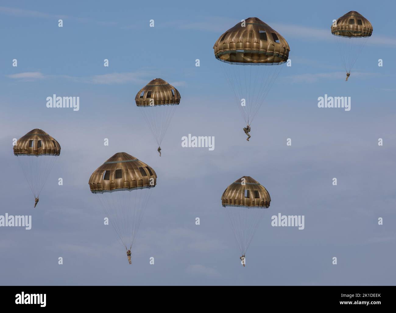 A group of U.S. Army and European Paratroopers descends onto the Drop Zone from a C130 aircraft