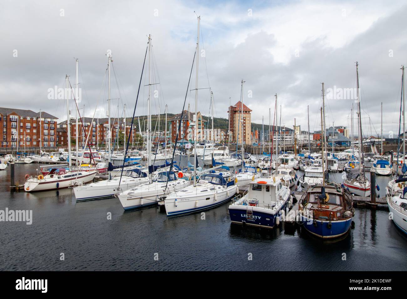 Yachts, ships, boats, harboured in Swansea Marina. Stock Photo