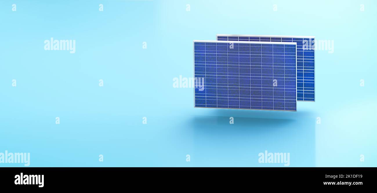 Solar energy with solar panels concept. Two solar panels hovering over a blue background. Web banner format, selective focus Stock Photo