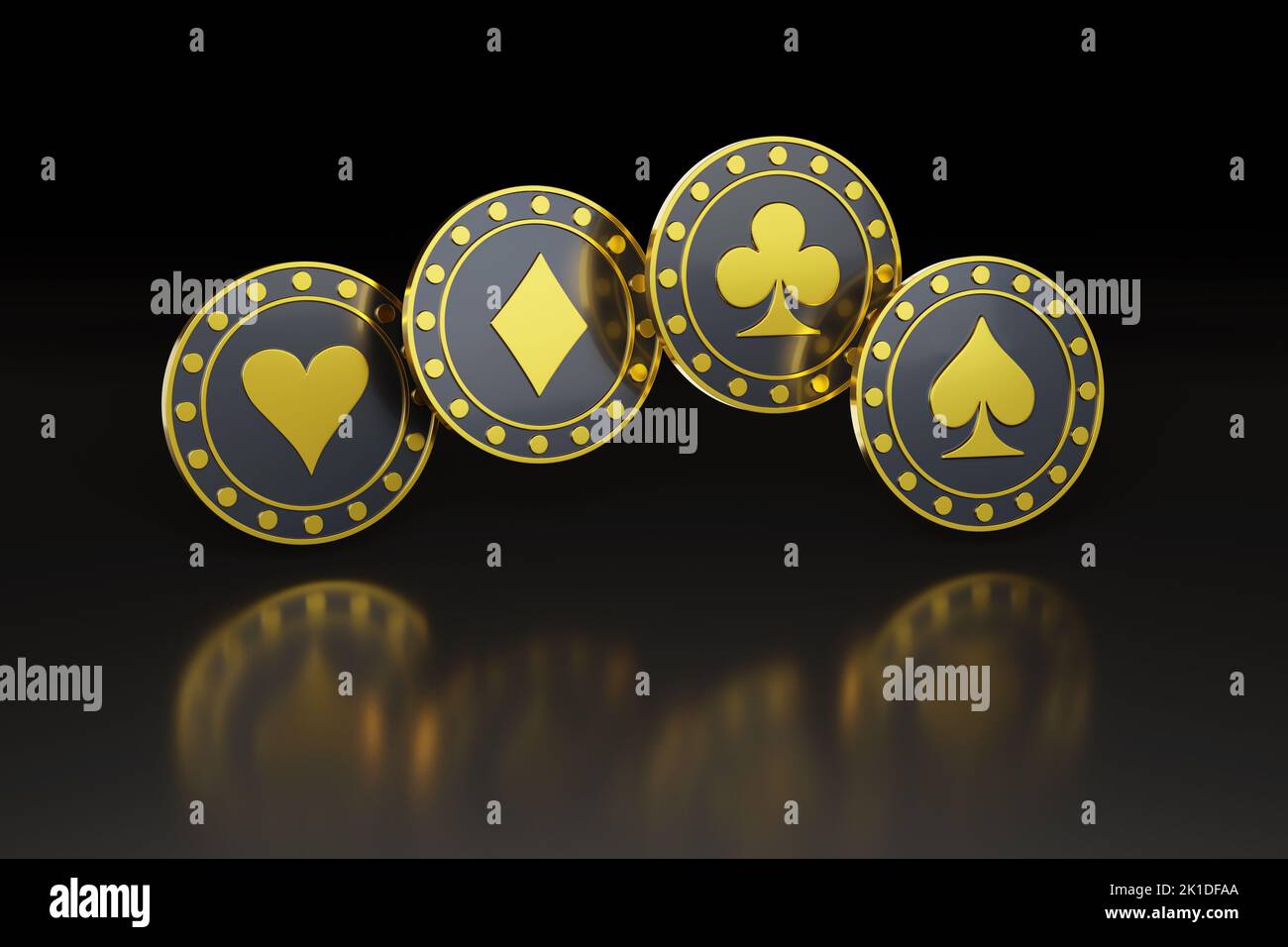 Golden poker chips on dark background. 3d illustration. Stock Photo
