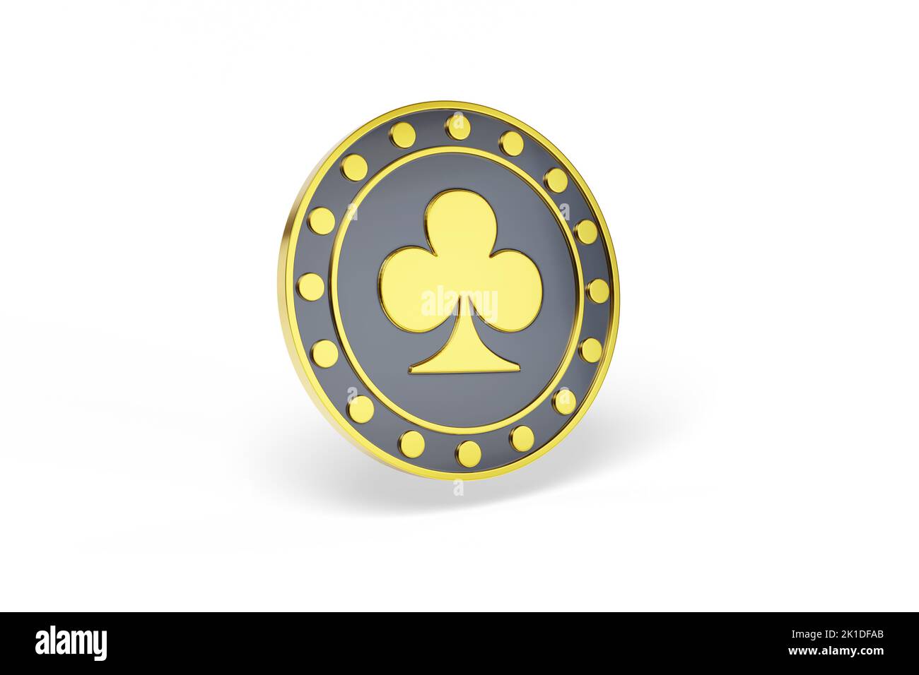 Golden poker chip with the figure of clover isolated on white background. 3d illustration. Stock Photo