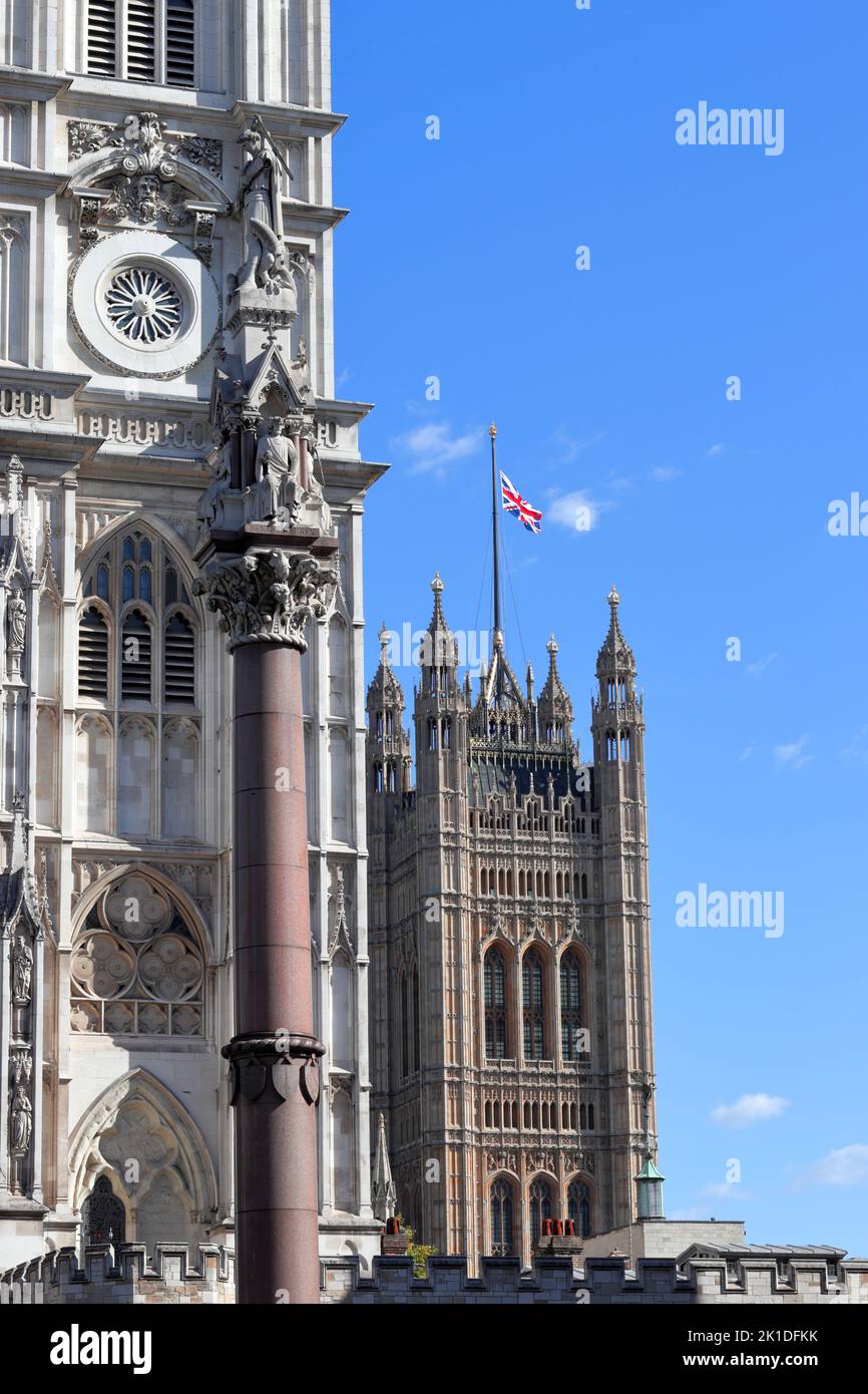 The Union Flag flying half-mast on the Westminster Abbey and Victoria Tower in London, UK Stock Photo