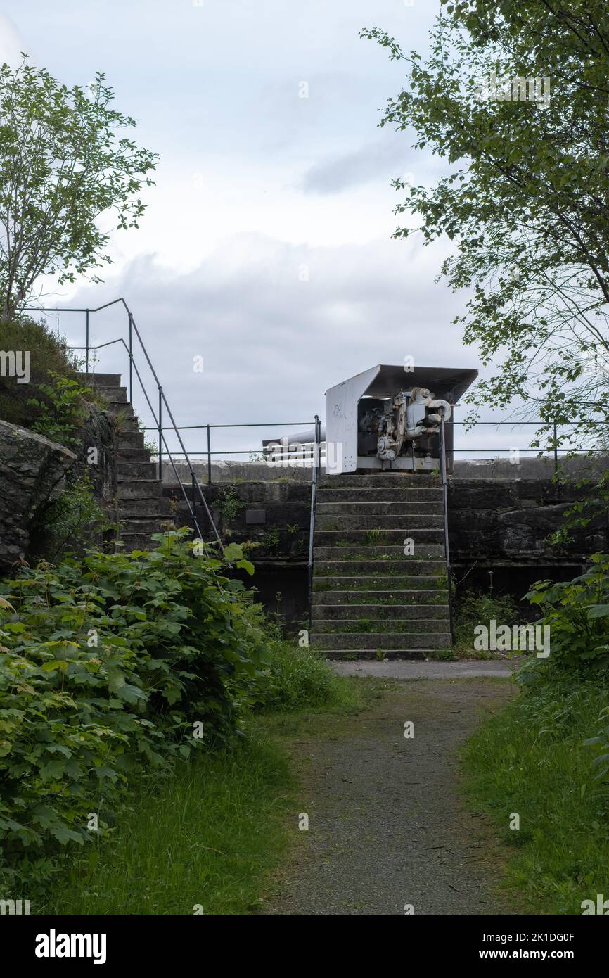 Bergen, Norway - June 15, 2022:  Kvarven coastal fort is a German coastal fort from World War II, strategically located by the main shipping channel o Stock Photo