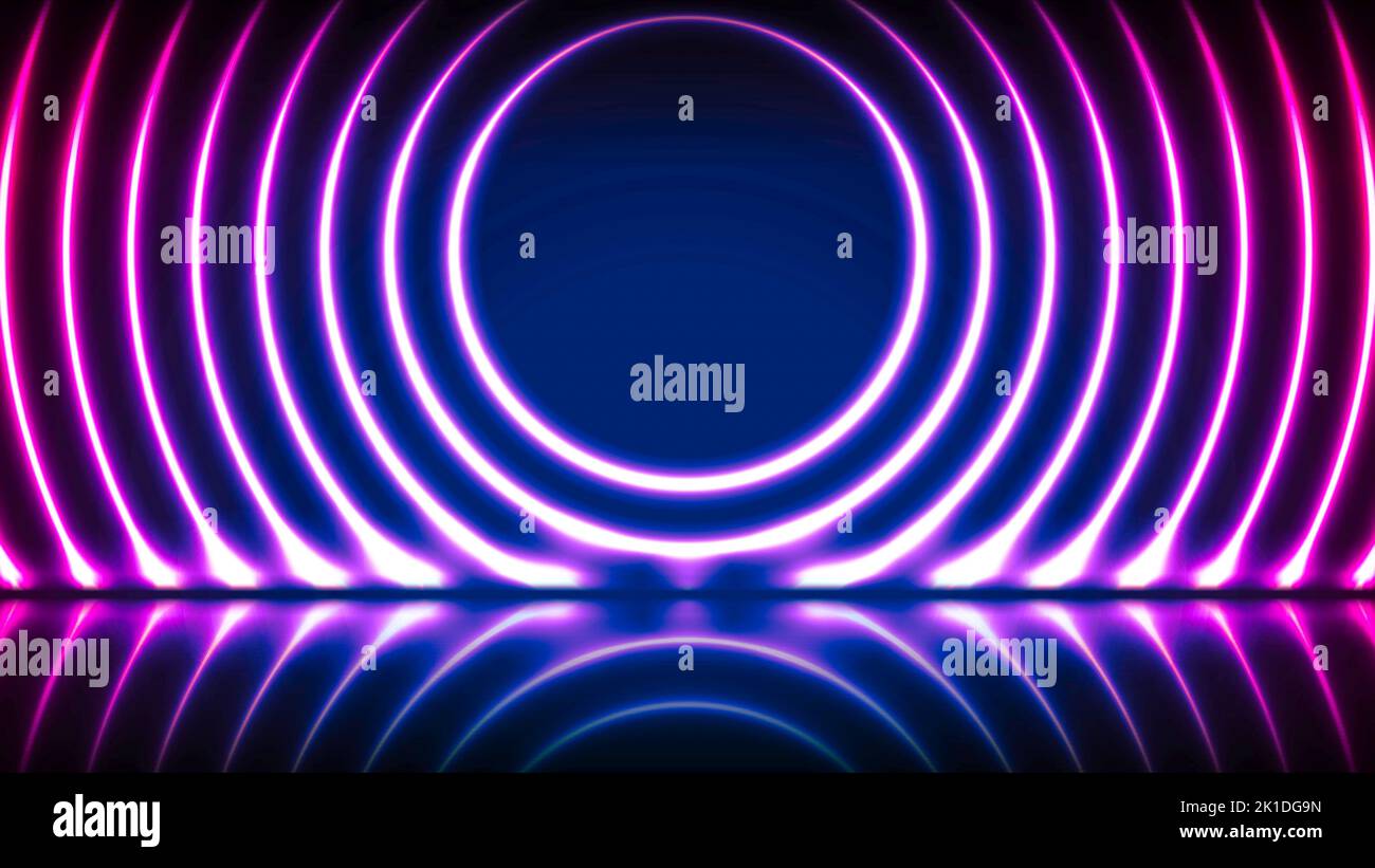 Blue and purple neon laser circles with reflection. Abstract technology ...