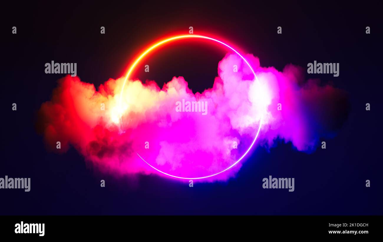 3d render, abstract cloud illuminated with neon light ring on dark ...