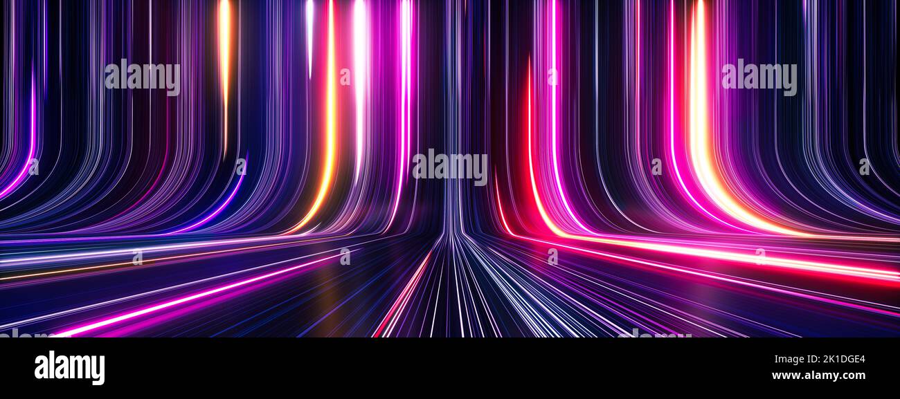 3d render, abstract panoramic neon background with glowing colorful ...