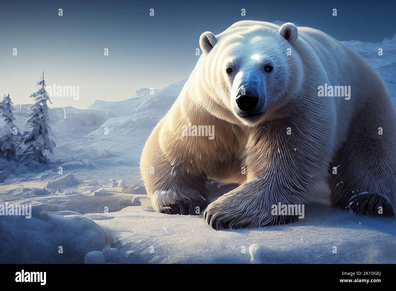 A white bear on snow in a frosty forest scene. A polar bear on snow in an Antarctic ecosystem. An image of wildlife in nature and animal behavior in Stock Photo