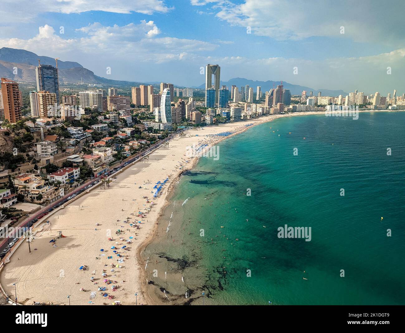 Aerial view of the popular Spanish Mediterranean beach resort town ...