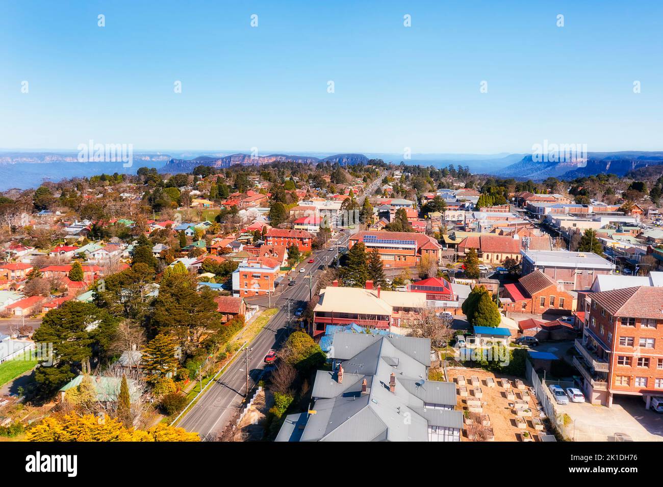 Aerial townscape view over Katoomba regional town in Blue Mountains of Australia - streets and houses to Echo Point grand canyon. Stock Photo