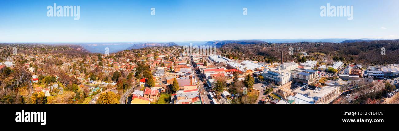 Wide aerial panorama of Katoomba regional town in blue Mountains of Australia - famous Three sisters rock formation lookout. Stock Photo