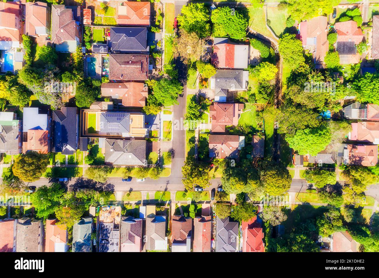 Green residential quiet suburbs of Sydney Lower North shore - Chatswood in aerial top down view. Stock Photo