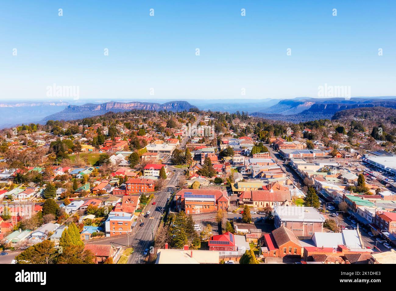 Downtown of Katoomba town in Blue Mountains of Australia - famous Three Sisters rock formation. Stock Photo