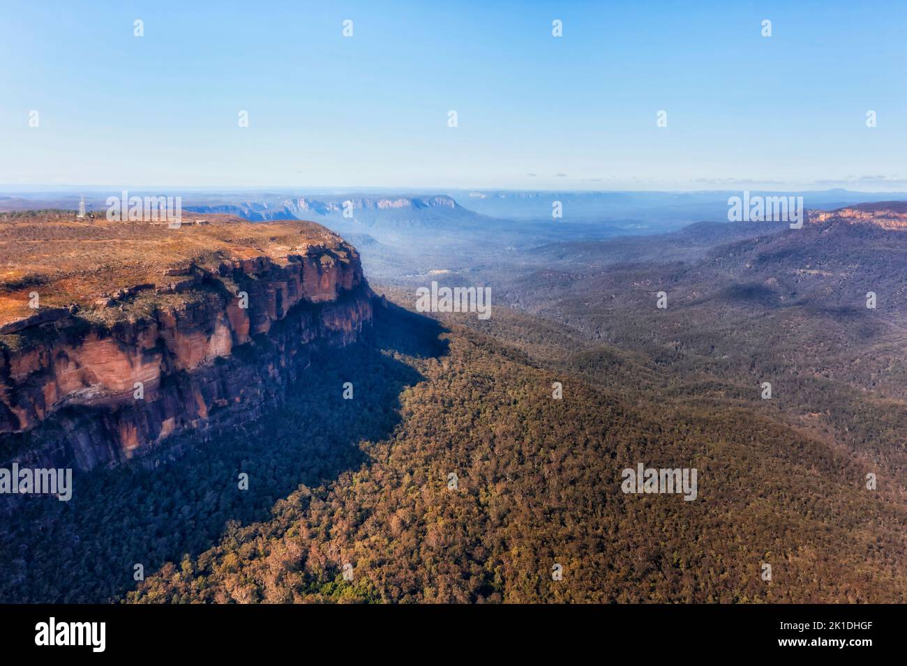 Cliff edges of sandstone rocks in Blue Mountain national park of Australia - aerial landscape. Stock Photo