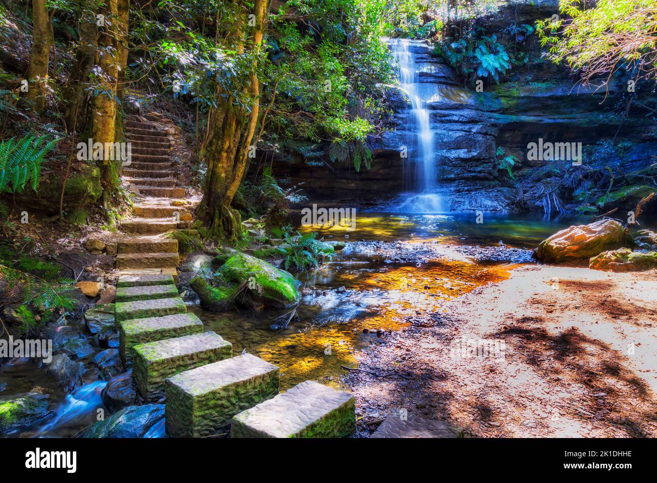 Walking track stone steps crossing water stream under Gordon Falls waterfall in blue Mountains of Australia. Stock Photo