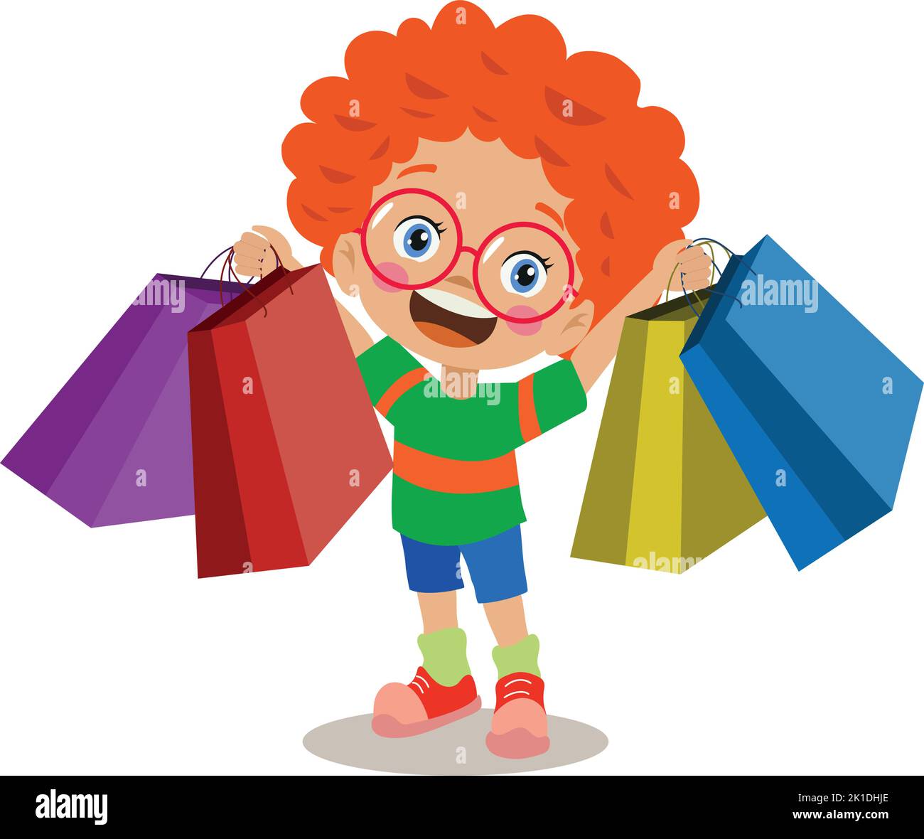 Cute boy is putting shopping bags in the shopping cart. Cute cartoon style drawing Stock Vector