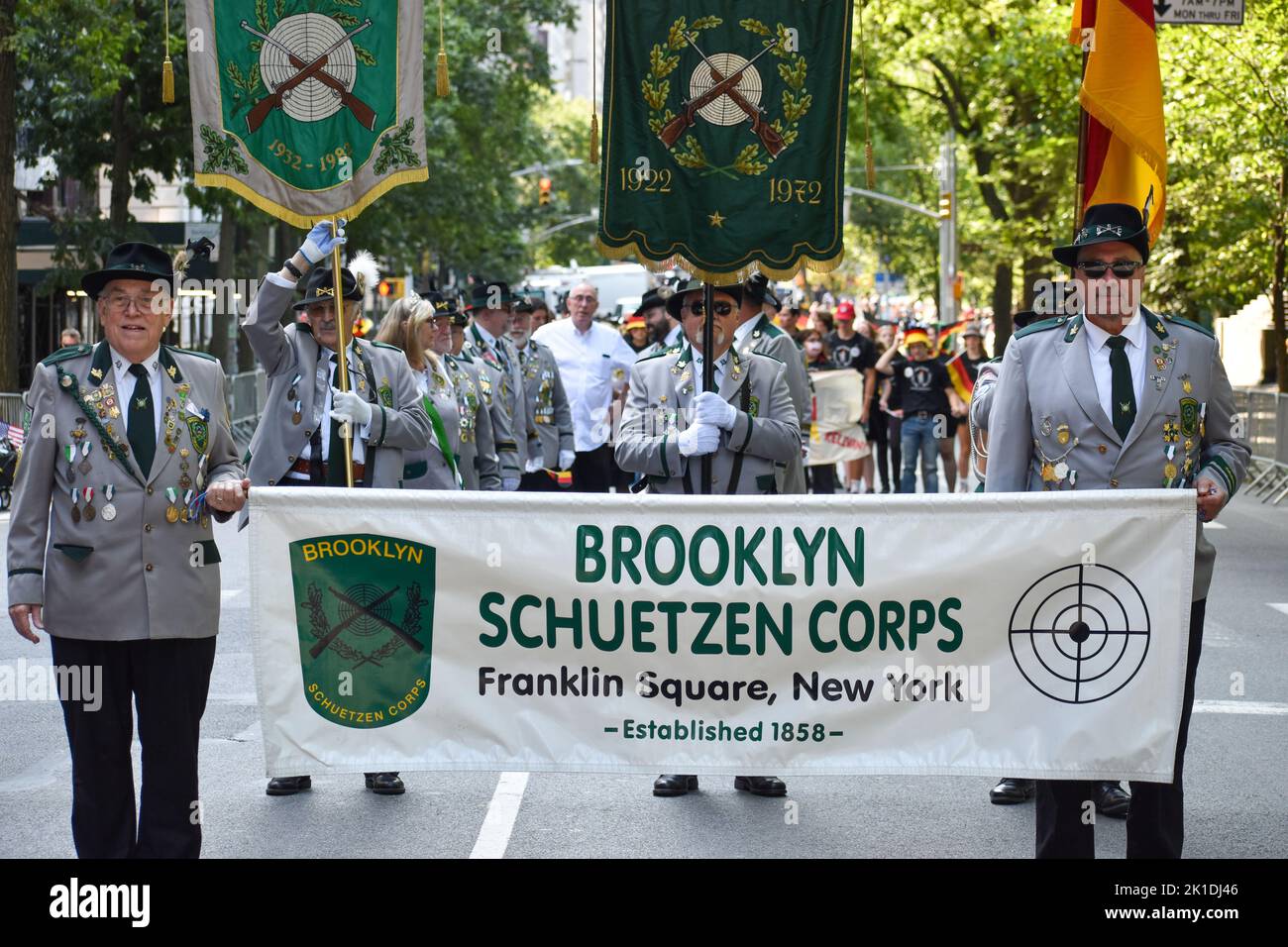 Brooklyn Schuetzen Corps members are seen marching on Fifth Ave in New