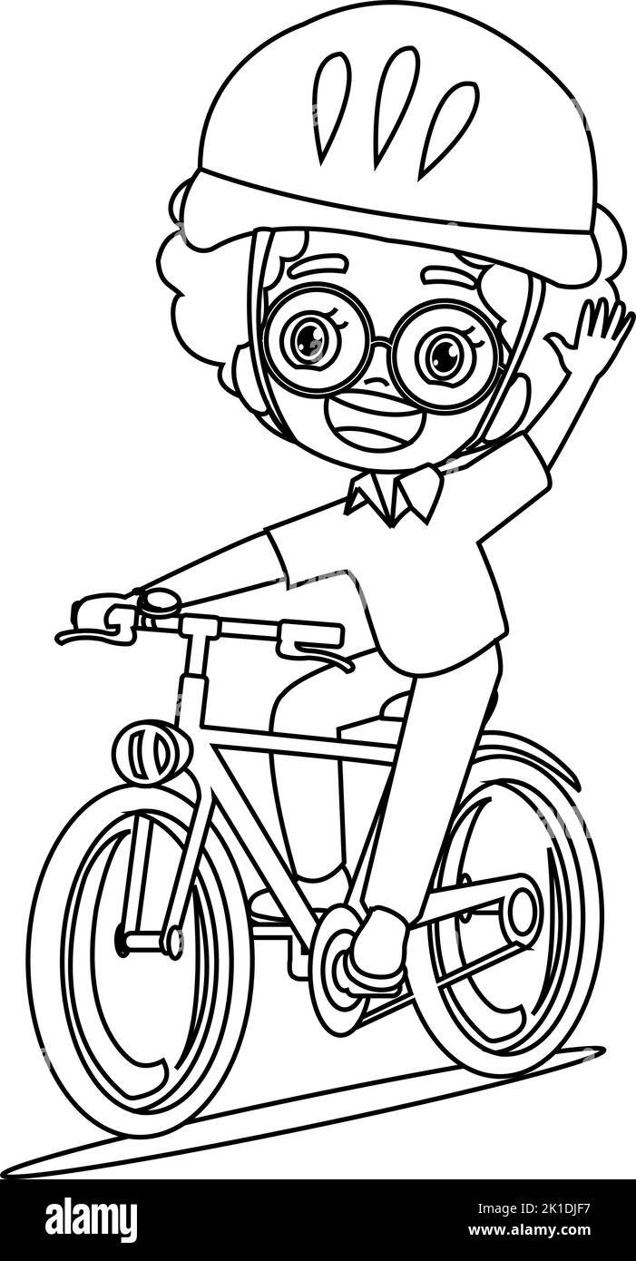 for cute little boy riding bike coloring book Stock Vector
