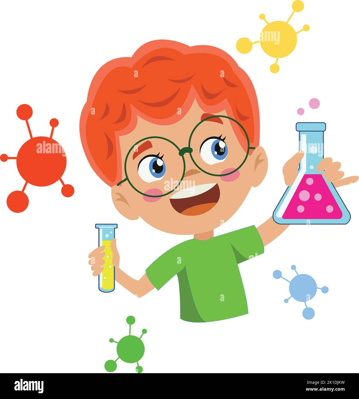 cute boy doing experiment examining cells in science lesson Stock Vector