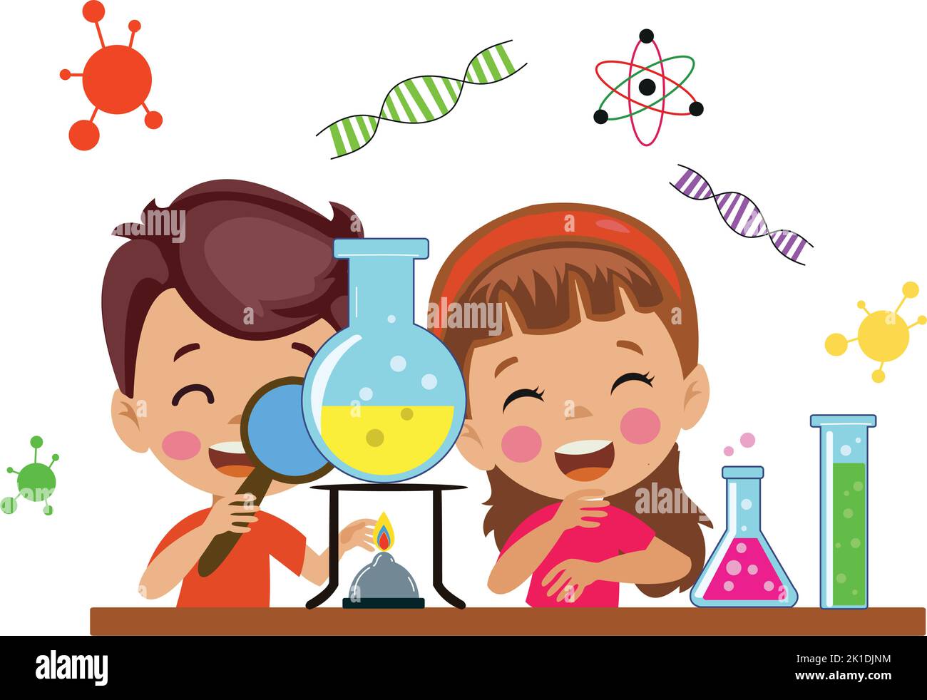 cute boy and girl doing science experiment and study Stock Vector