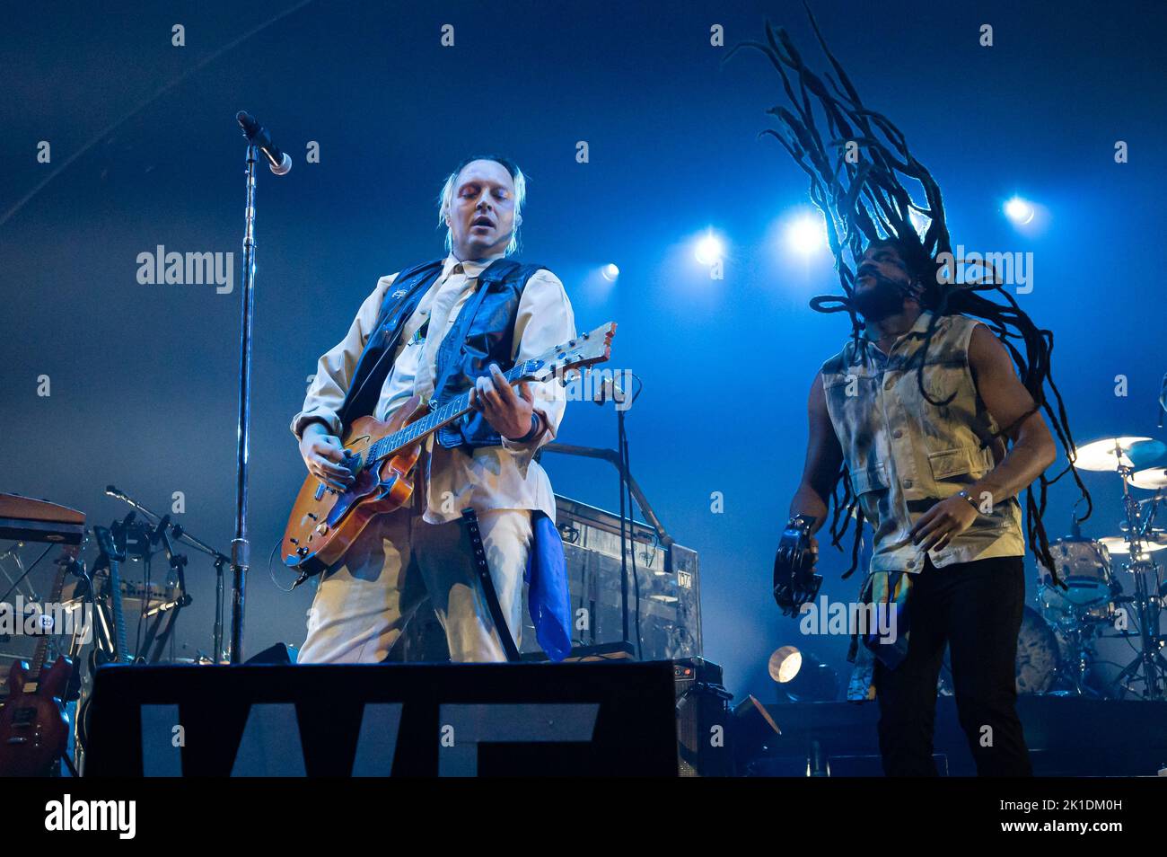 Milan, Italy. 17th Sep, 2022. Milan, Italy - September 17, 2022: Musician and lead singer Win Butler of Arcade Fire (L) performs on stage during the ‘The We Tour' at Mediolanum Forum in Assago, Italy (Photo by Piero Cruciatti/Sipa USA) Credit: Sipa USA/Alamy Live News Stock Photo