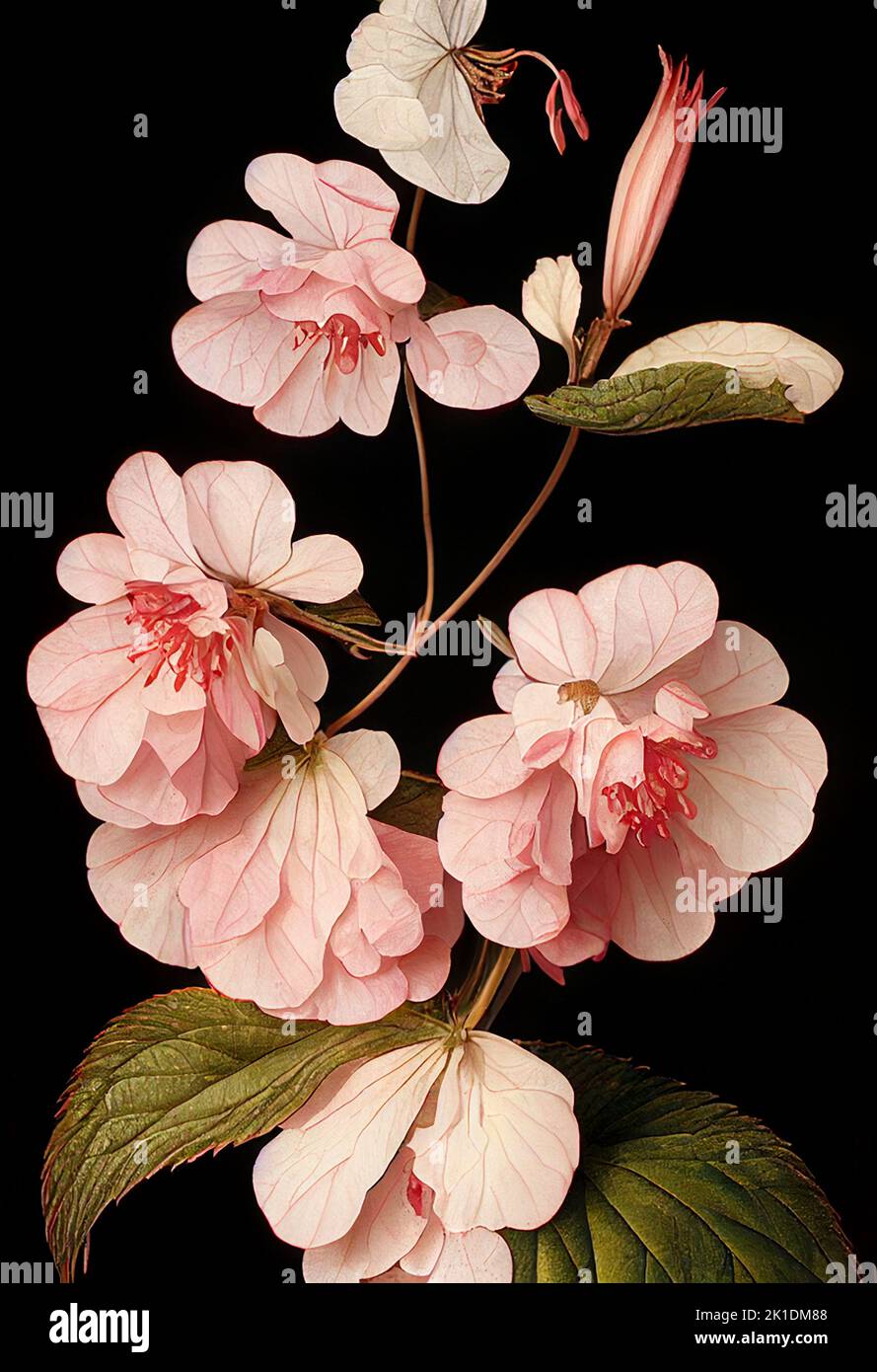 The beautiful blooms of the begonia flower, pink in color, on a black background. Artistic illustration. Stock Photo