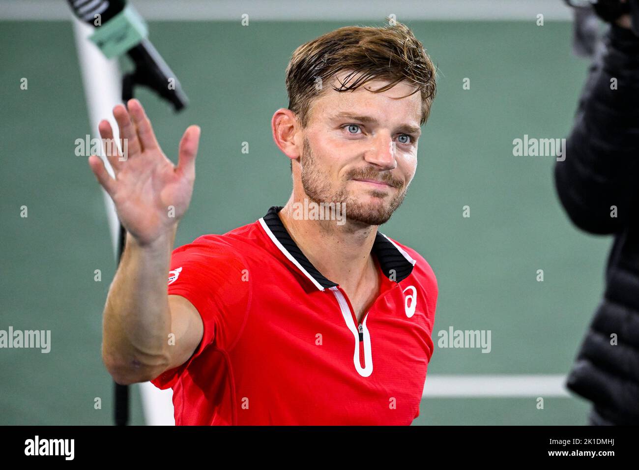 Belgian David Goffin celebrates after winning a match between French
