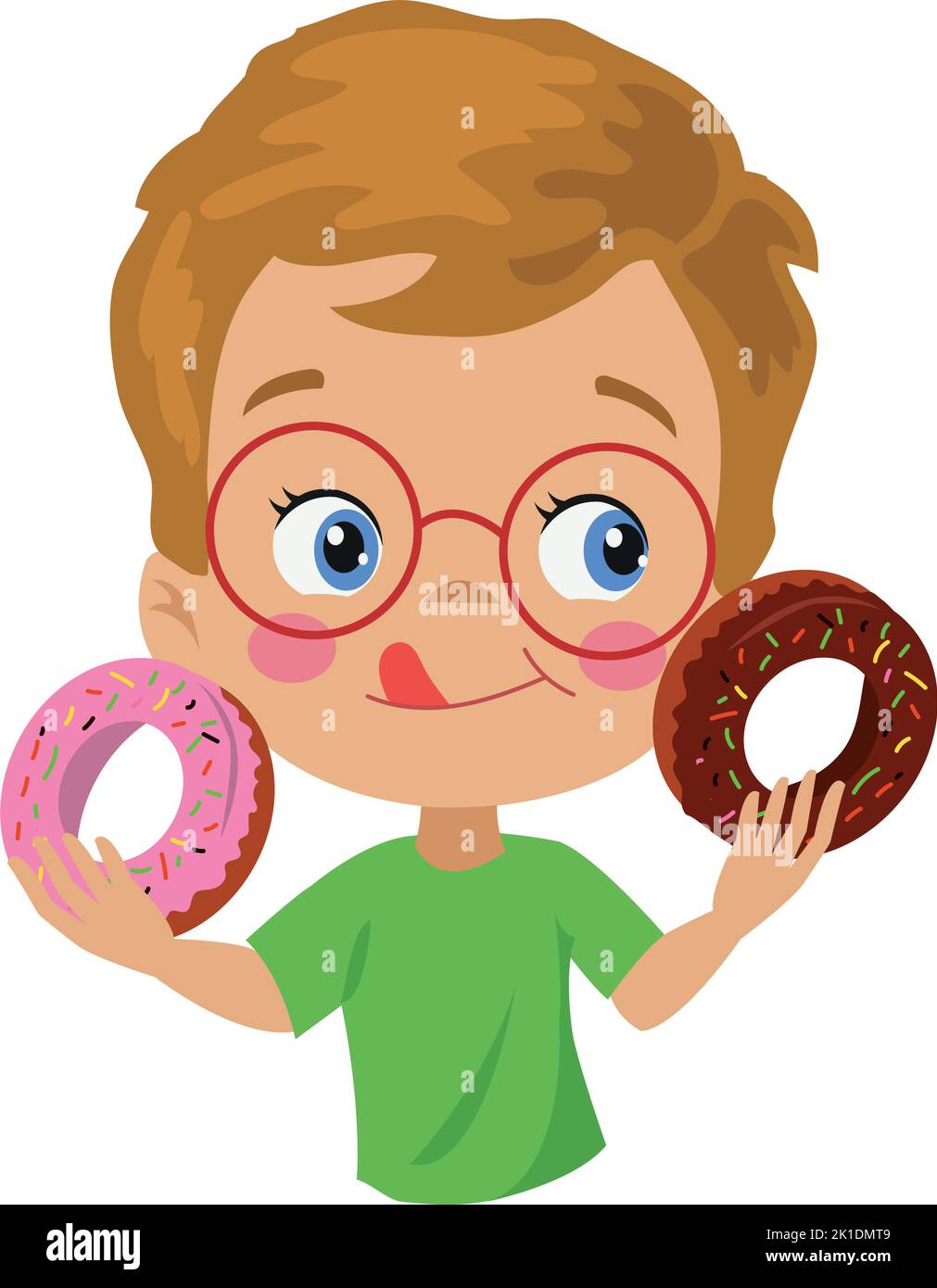 cute boy among chocolate and strawberry donut option Stock Vector