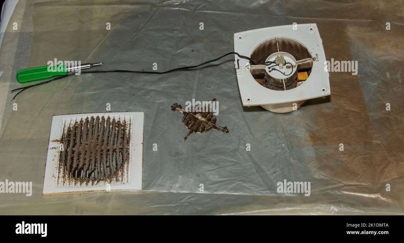 Closeup of a very dirty kitchen exhaust fan. Fan before preventive cleaning and washing. Dirty