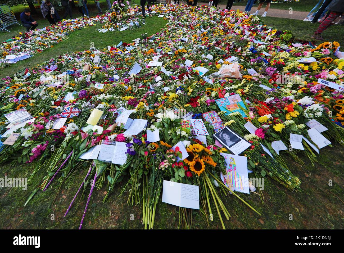 London, UK. 17th Sep, 2022. Floral tributes for Queen Elizabeth II laid in Hyde Park, London as an overflow for Green Park. As the number of visitors exceeded expectations to view and place floral tributes, Green Park had to close several times on Saturday, leaving many visitors disappointed, so a new area was started in Hyde Park, which was far more accessible and less crowded. Credit: Paul Brown/Alamy Live News Stock Photo