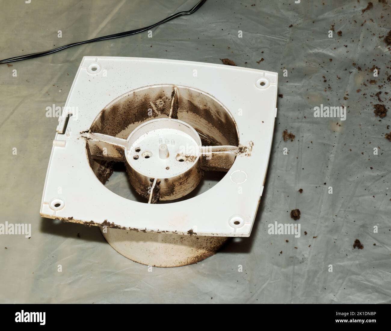 Closeup of a very dirty kitchen exhaust fan. Fan before preventive cleaning and washing. Dirty