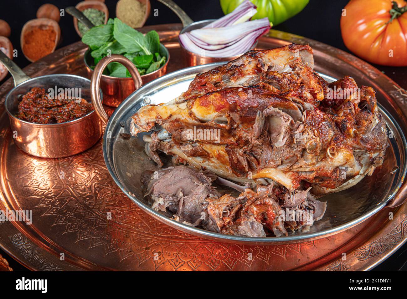 Roasting head of a lamb. Traditional Turkish Offal Food Kelle Sogus