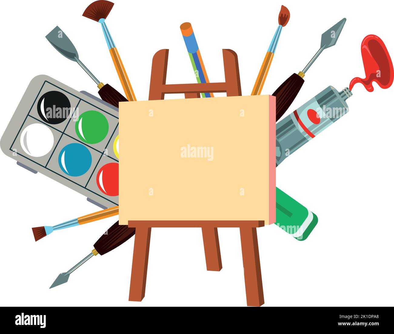 Art studio hand drawn art tools and supplies set. Palette paintbrush pensil oil paint watercolor Stock Vector