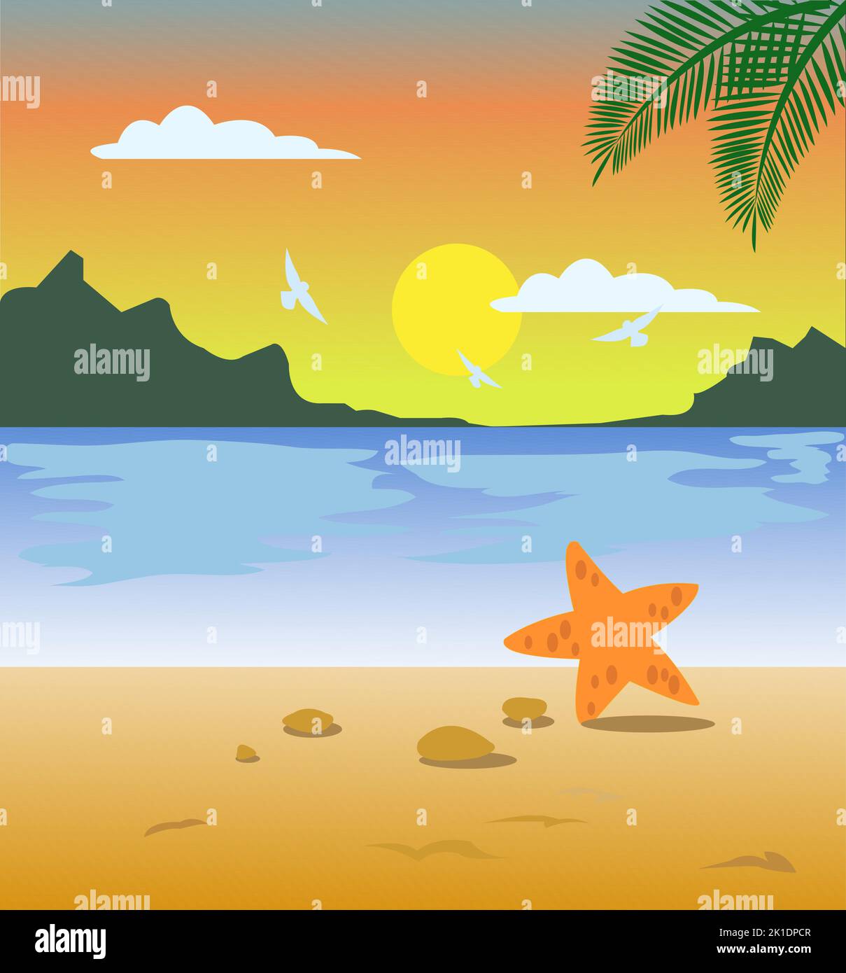 Amazing Seascape Sunset and Starfish Stock Vector