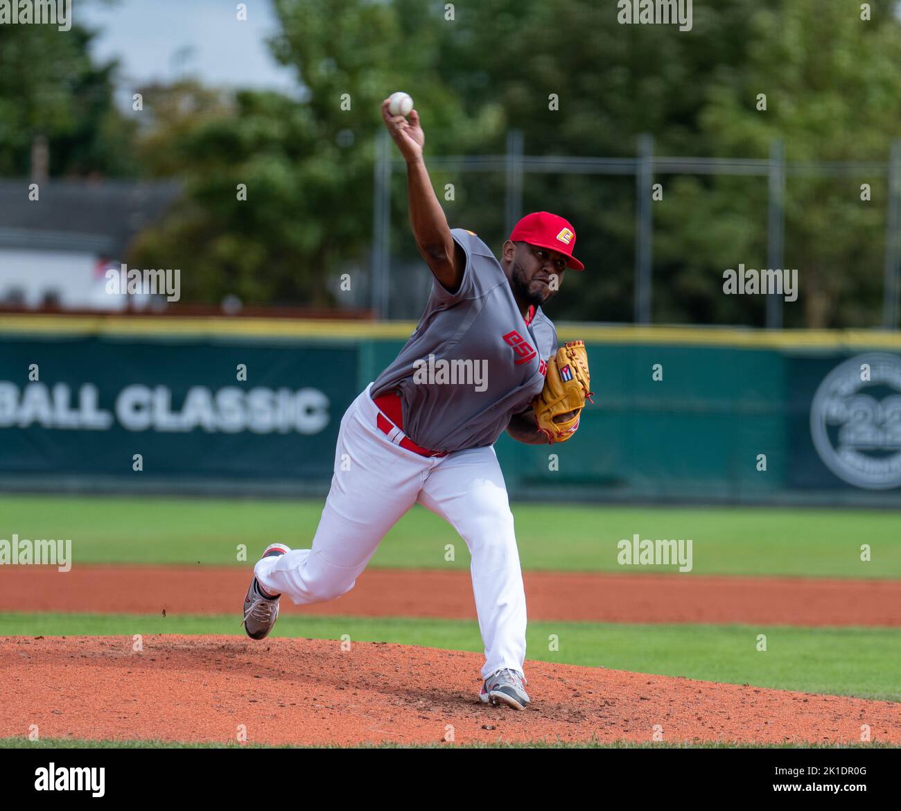Regensburg, Bavaria, Germany. 17th Sep, 2022. Spain pitcher ROGELIO ARMENTEROS (50) throws a pitch to home plate against Czech Republic in the World Baseball Classic qualifier in the Armin Wolf Baseball Arena in Regensburg, Germany. (Credit Image: © Kai Dambach/ZUMA Press Wire) Stock Photo