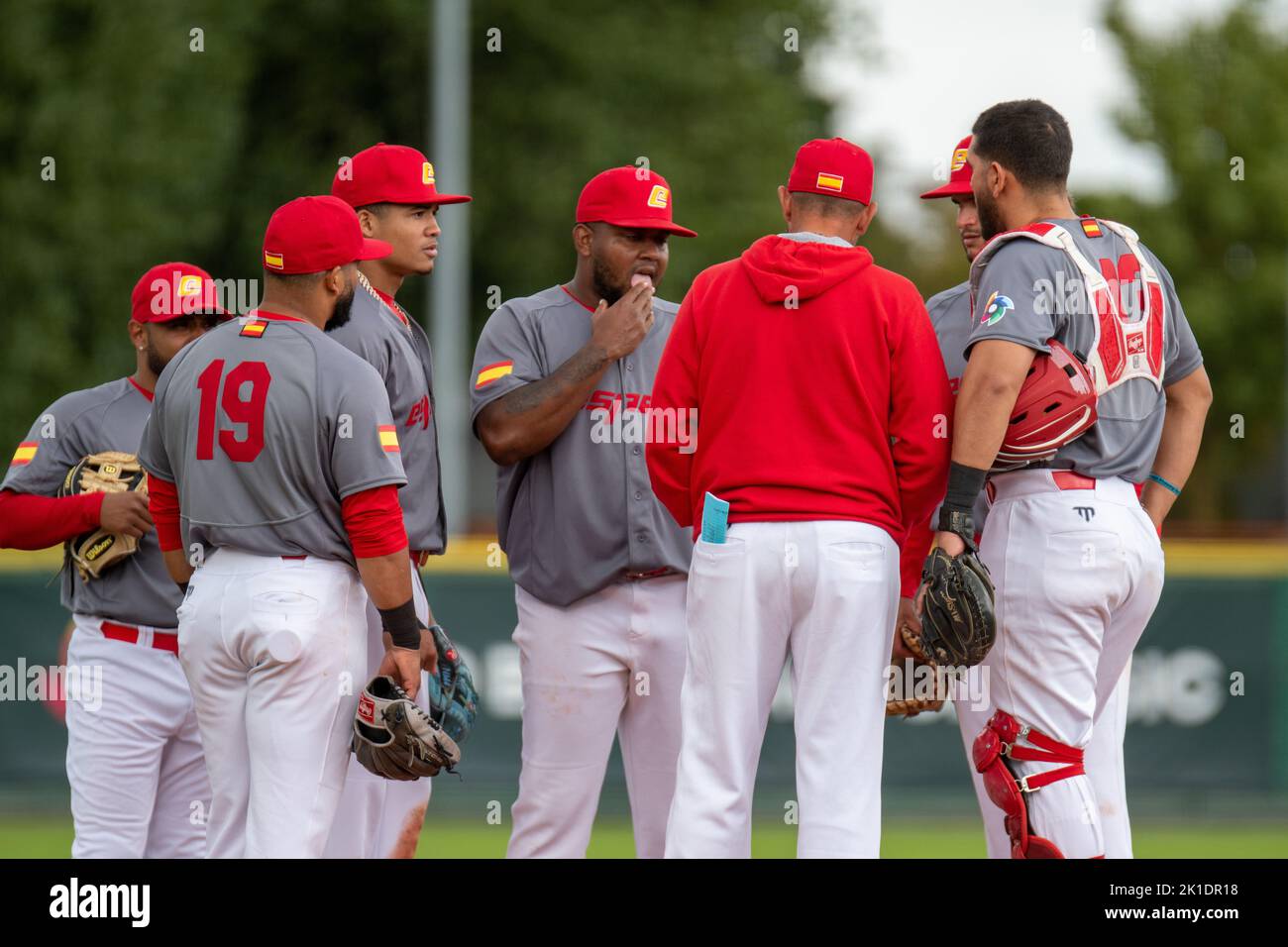 Regensburg, Bavaria, Germany. 17th Sep, 2022. Spain pitcher ROGELIO ARMENTEROS (50) licks his hand during a meeting at the pitching mound during the World Baseball Classic qualifier against Czech Republic in the Armin Wolf Baseball Arena in Regensburg, Germany. (Credit Image: © Kai Dambach/ZUMA Press Wire) Stock Photo