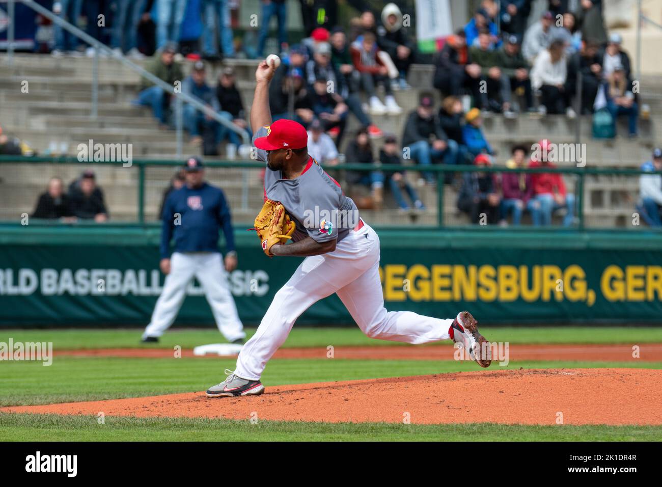 Regensburg, Bavaria, Germany. 17th Sep, 2022. Spain pitcher ROGELIO ARMENTEROS (50) throws a pitch to home plate against Czech Republic in the World Baseball Classic qualifier in the Armin Wolf Baseball Arena in Regensburg, Germany. (Credit Image: © Kai Dambach/ZUMA Press Wire) Stock Photo
