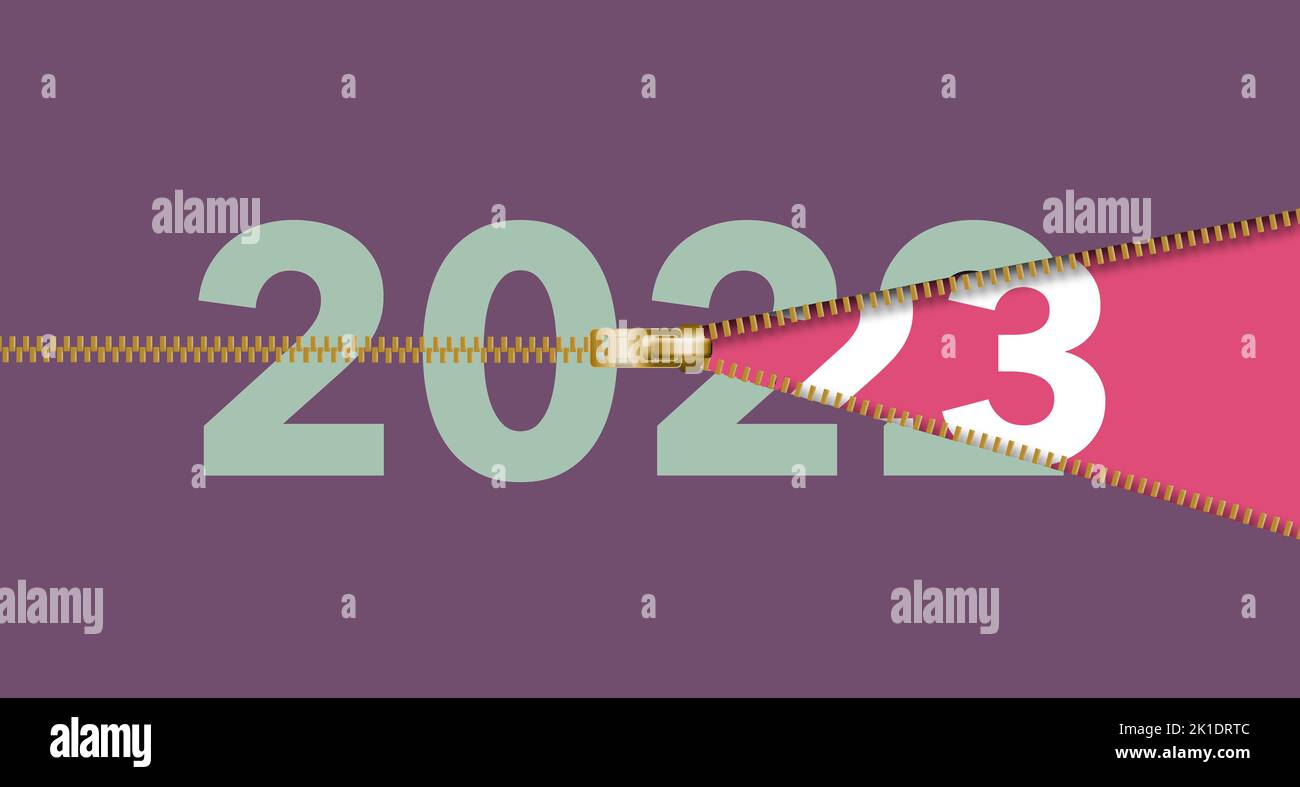 The new year 2023 is unzipped and exposed from beneath the number 2022 in a 3-d illustration. Stock Photo