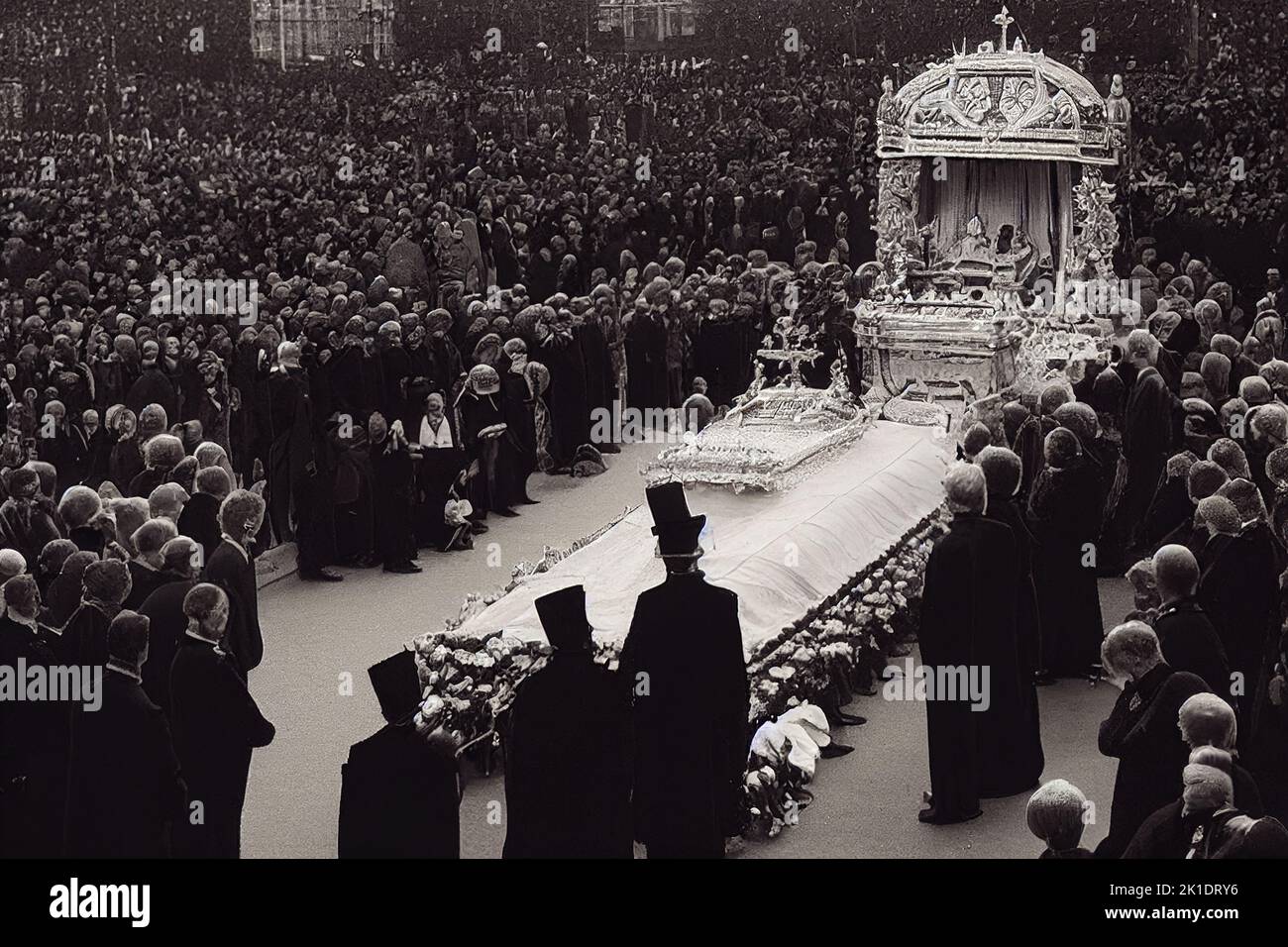 A grayscale artwork of the funeral of Queen Elizabeth II with black-dressed people around the coffin paying tribute Stock Photo
