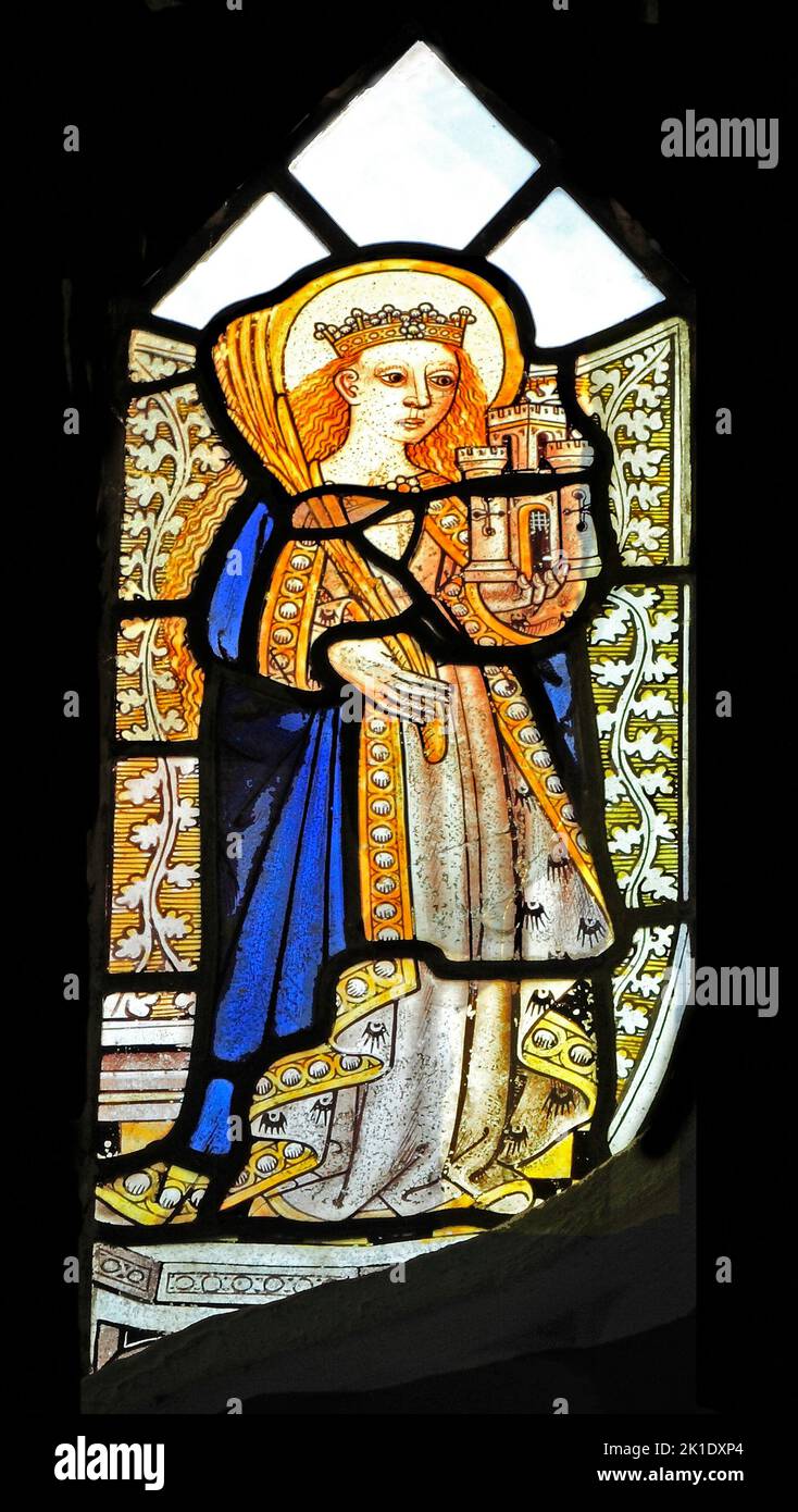 Bawburgh, Norfolk, St. Barbara, 15th century medieval stained glass window, Saint, England, UK Stock Photo